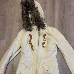 Guess Cream Jacket with Faux Fur Hood